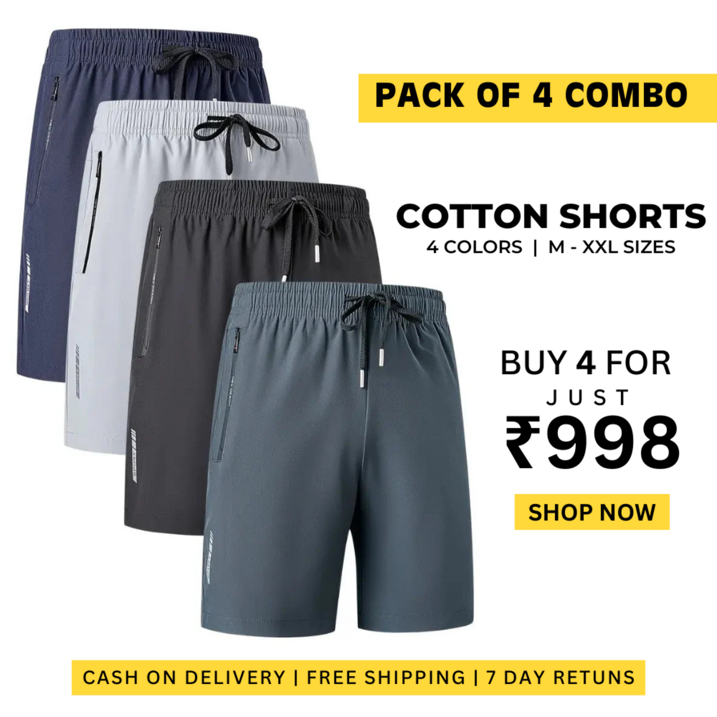 Combo of 4 Men's Stretchable Cotton Shorts for Everyday Comfort  (₹225/piece)